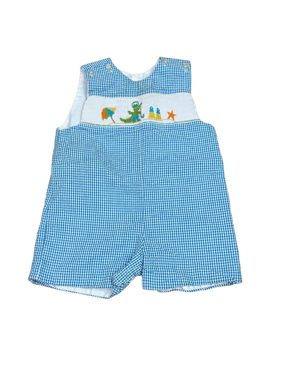 Velani Light Blue Check Smocked Green Alligator Day at Beach Jon Jon 12Months